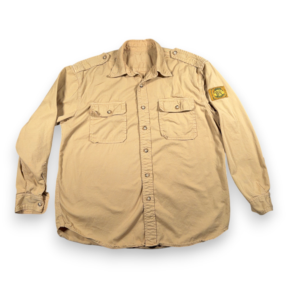 Vintage Safari Shirt Adult LARGE Brown Military Field Utility Outdoor USA 80s